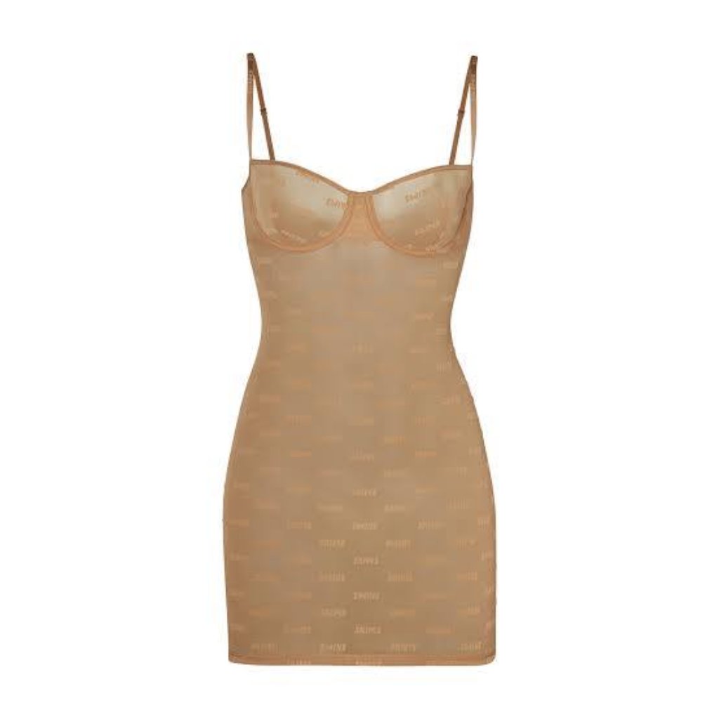 Skims After Hours Logo Mesh Slip Dress Nwt 2x Sheer Underwire Ochre